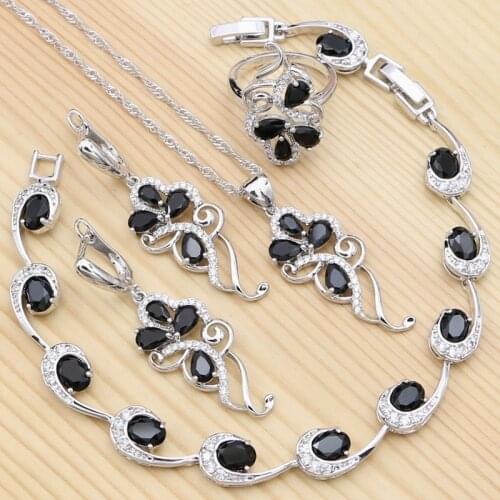 925 Silver Punk Jewelry Set For Women Party Black Cubic Zirconia White Crystal Ring Bracelet Necklace Pendant Drop Earrings