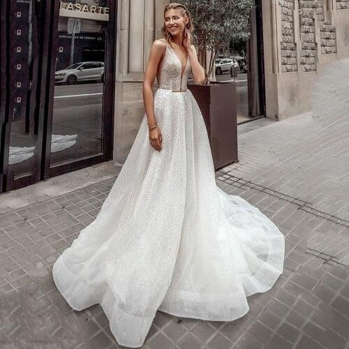Eightree Sparky Shiny Wedding Dresses 2021 A Line Beach Bride Dress V Neck Back Sexy Wedding Gowns Vestidos de Noiva