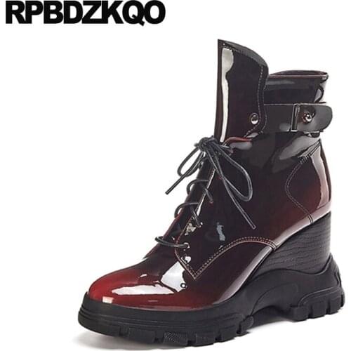 Patent Leather Women Front Lace Up Casual Ankle Boots Autumn Platform Wedge Luxury Flatform High Heel Muffin Booties Red Shoes