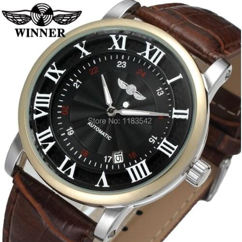 Winner Mens Watch Newest Casual Automatic Movt Leather Strap Crystal Analog Fashion Brand Wristwatch Color Black WRG8051M3T1