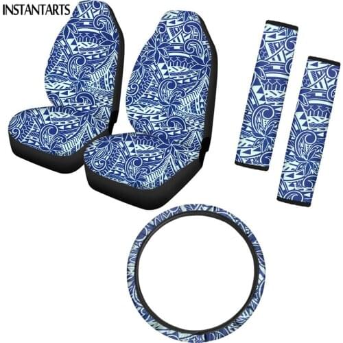 INSTANTARTS Solid Color Polynesian Printed Stylish Car Protector Front Seat Cover Soft Shoulder Strap Pads Steering Wheel Cover