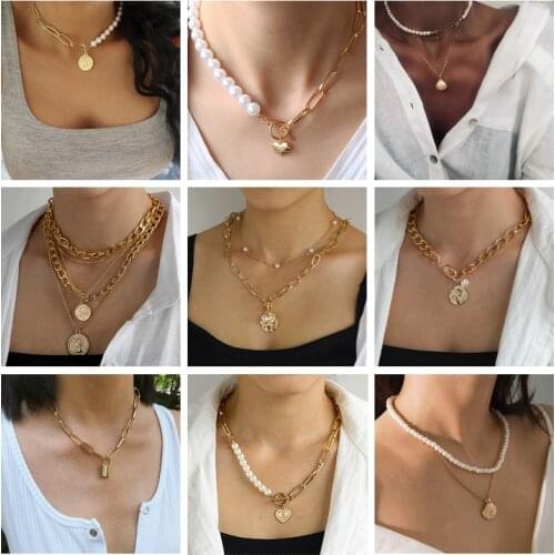DAXI Gold Coin Pendant Lock Pearl Necklace Chain For Women Necklaces Layered Necklace Jewerly Chains For Women Trendy Jewelry