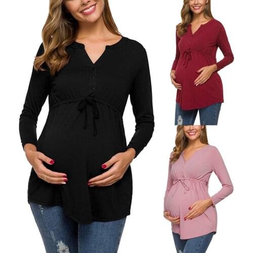 Women Maternity Long Sleeve Solid Color Nursing T-shirt V-neck Fashion Casual Pregnant T Shirt Breastfeeding Maternity Tops