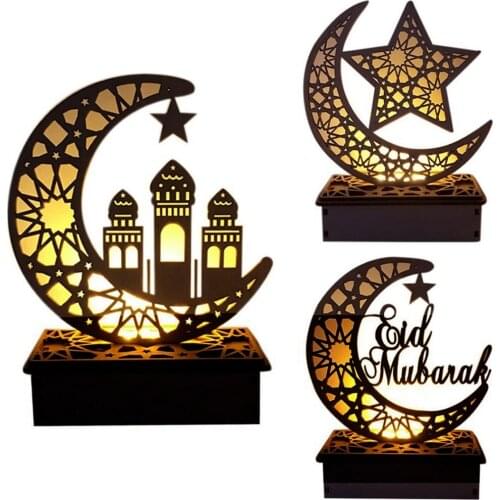 EID Mubarak Wooden Pendant with LED Candles Light Ramadan Decorations for Home Islamic Muslim Party Eid Decor Kareem Ramadan