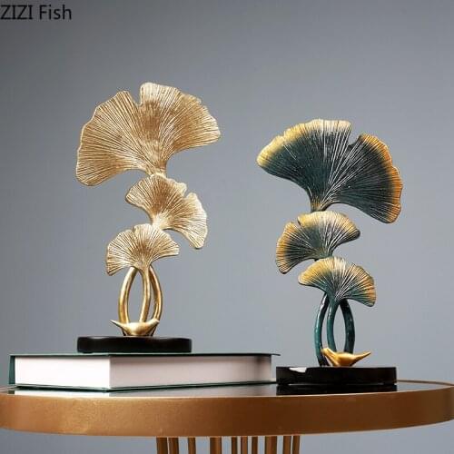 Nordic Ginkgo Biloba Leaf Ornaments Plant Figurines Living Room Decoration Furnishings Golden Deer Sculpture Resin Statue Set