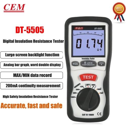 CEM DT-5505 Digital Insulation Meter Megger Resistance Tester Measurement Of Electrical Equipment and Insulating Materials
