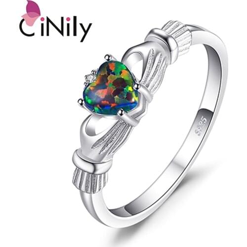 CiNily Rainbow Fire Opal Love Rings Solid 925 Sterling Silver Heart Irish Ring With Stone BOHO Jewelry Woman