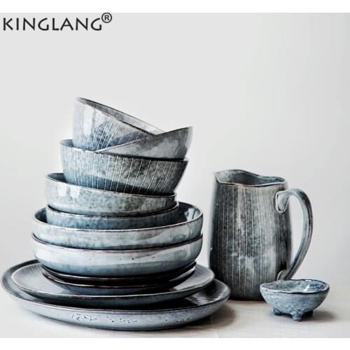 KINGLANG Japanese Retro Tableware Set Household Ceramic Dish Bowl Cup Dish Plate Sets