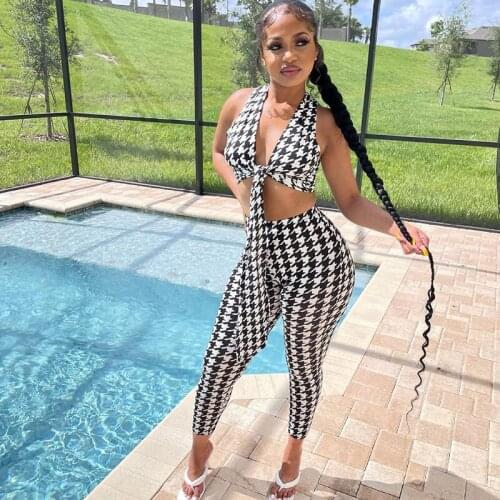 Hirigin 2021 New Chic Houndstooth Printed Tied Front Matching Pant Set Two-Piece Suits Vintage Skinny Club Wear Workout Overalls