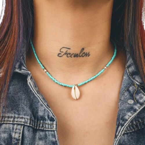 Bohemian Geometric Charming Choker Necklaces Pine Stone Beads Green Rhinestone Shell Pendant Necklace Women Girl Party Jewelry