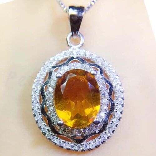 Natural real citrine oval style necklace pendant Free shipping 925 sterling silver Fine yellow crystal 4.5ct gemstone #Q910238