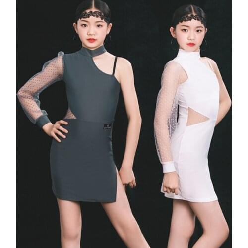 Latin Practice Dress Children New Single Sleeve Girls Latin Dance Competition Dress Chacha Smamba Tango Latin Dress DQS6614