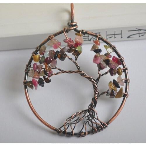 Natural Lucky Handmade Tree of life Tourmaline Bronze Copper Wire Wrap GEM Pendant Jewelry For Gift S1288