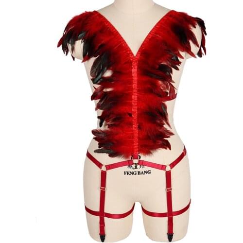 Full Body Feathers Harness Fashion Halloween Punk Cage Bra Costume Goth Accessories Bondage Waist Suspender Wedding Garter