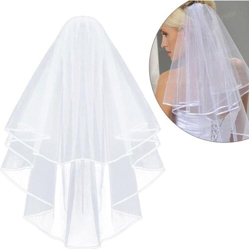 Simple and Elegent Wedding Veil Bridal Tulle Veils with Comb and Lace Ribbon Edge White Ivory 2021