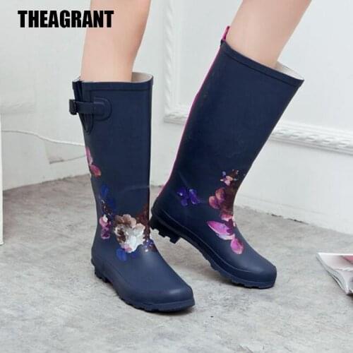 THEAGRANT Rubber Rain Boots 2019 Fashion Flower Mid-calf Shoes Wmoen Low Heel Waterproof Slip on Rainboots Garden Worker WBS3004