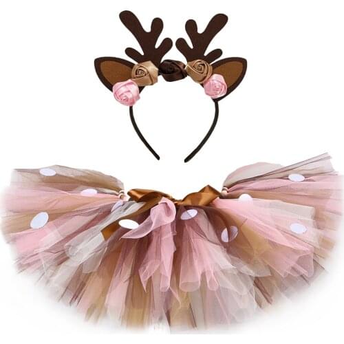 Christmas Costume Kids Reindeer Tulle Skirt Fluffy Brown Deer Girl Tutu Skirt For Halloween Carnival Children Outfit 1-14 Years