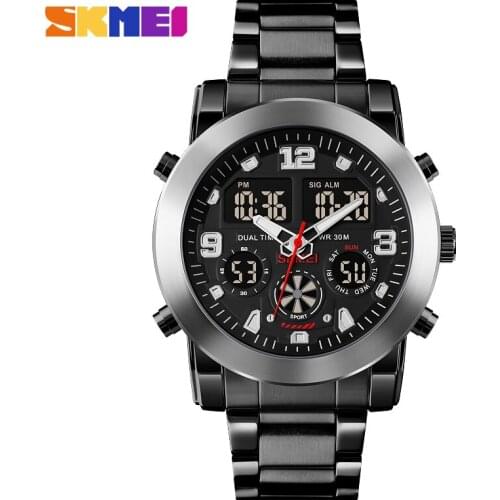 SKMEI Watch LED Chronograph Dual Display Wristwatches Electronic Clock Fashion Stainless Steel Strap Watch 1642