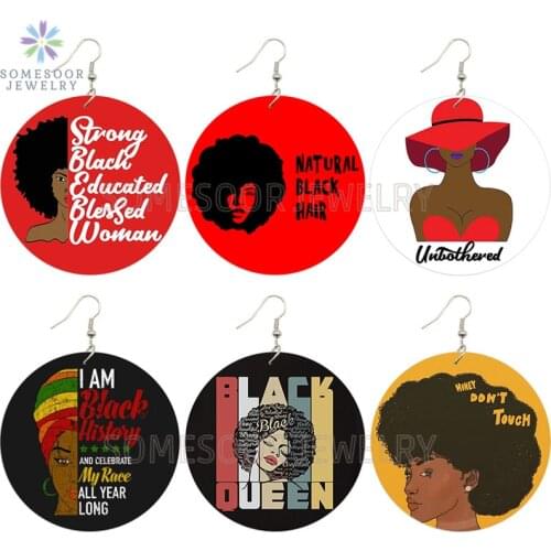 SOMESOOR Natural Black Hair Blessed Lady African Wooden Drop Earrings Strong Educated Queen Afro Sayings Dangle For Women Gifts