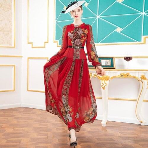 2021 spring long red dress super long skirt ethnic style printing long sleeve dress high end temperament long skirt