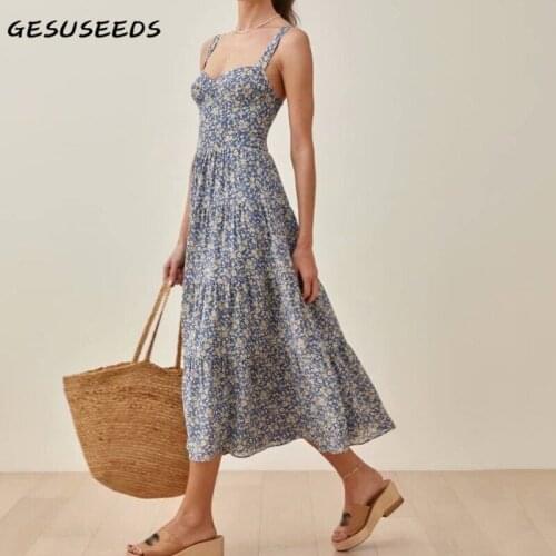 Vintage floral dress women summer dresses sexy sleeveless dress backless boho dresses for women party midi dress blue 2021