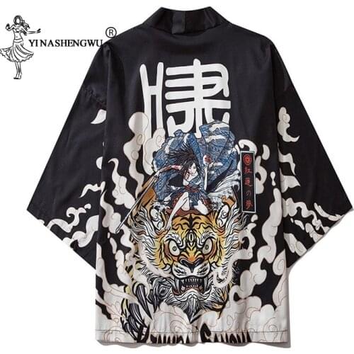 Japanese Tiger Kimono Cardigan Yukata Haori Men Samurai Costume Tops Asian Clothes Kimonos Black Jacket Shirt Summer Beach Coat