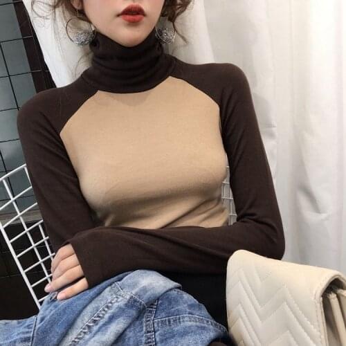 Womens Cotton Color-Block Raglan Sleeves Long-Sleeved T-shirt Autumn and Winter Turtleneck