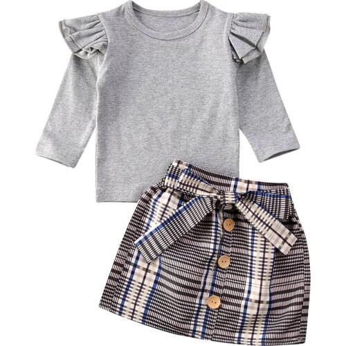 0-5Y Spring New Toddler Kids Baby Girl Clothes Casual 2Pcs Solid Cotton Tops T-shirt Plaid Dress Skirt Outfits Set