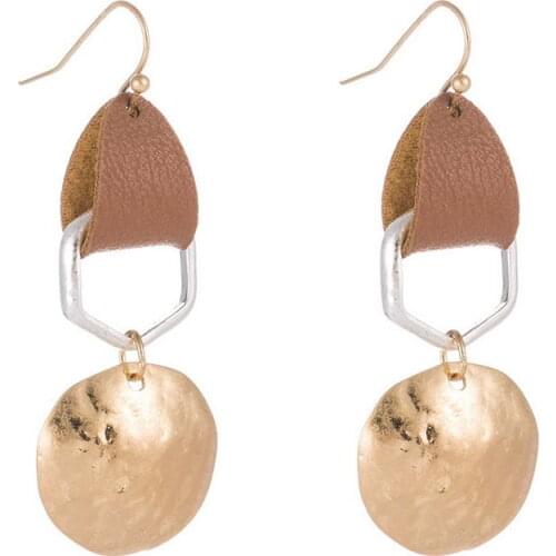 E7008 ZWPON Two Tone Geometric Silver Color Hexagon Disc Drop Earrings for Women 2020 New PU Leather Earrings Jewelry Wholesale
