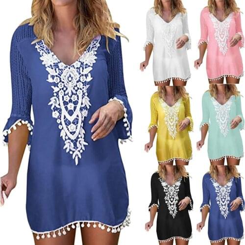 Swimwear woman one piece dress Women Pom Pom Trim Tassel Lace Crochet Swimwear Beach Cover Up Brazilian dropshipping