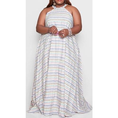 Sexy Halter Long Maxi Beach Dress Plus Size L~4XL Women Elegant Off The Shoulder Loose Beach Striped Printed Dresses Sundress