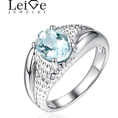 Leige Jewelry Oval Cut Natural Aquamarine Ring for Women March Birthstone 925 Sterling Silver Promise Ring Anniversary Gift