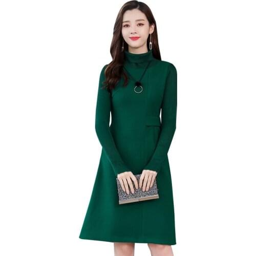 Long sleeve knit Woolen Dress Ladies Casual Long Turtleneck Cashmere Knit Sweater Dress Vestidos Women Elegant Woolen Dress T365