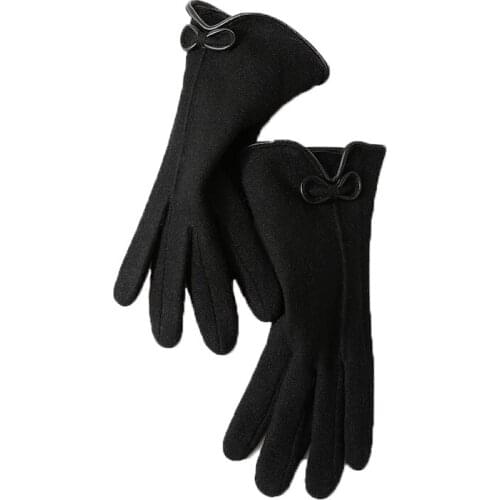 Winter Women Touch Screen Cashmere Wool Knit Warm Leather Bow Driving Mitten Female Plus Plush Thick Sport Cycling Glove F18
