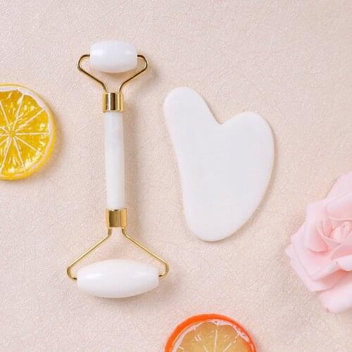 1Pc/2Pcs Natural Jade Roller Guasha Board Scraper Set White Quartz Face Roller Facial Massage Gua Sha Tool Facial Massager