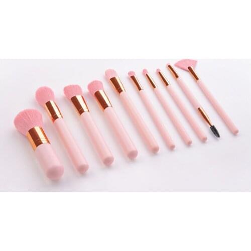 10Pcs Makeup Brushes Set Pink Gold Wooden Handle Pink Hair For Eyeshadow Blush Brushes Cosmetic Tools Kits