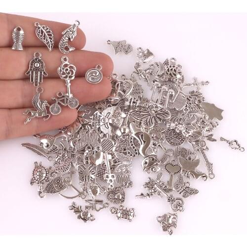 100Pcs/Lot Mix Styles Wing Tree Animal Charms Metal Handmade Heart and Shell Pendant Fit Necklaces Keychain Jewelry Wholesale