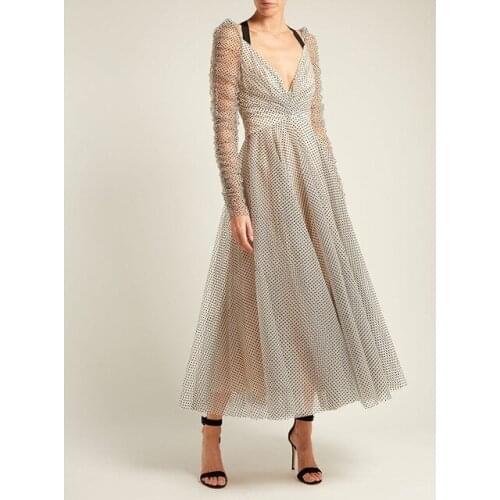 2020 Deep V-neck Hanging neck Court princess wind Big umbrella Tempest Ballet polka-dot tulle dress Vintage