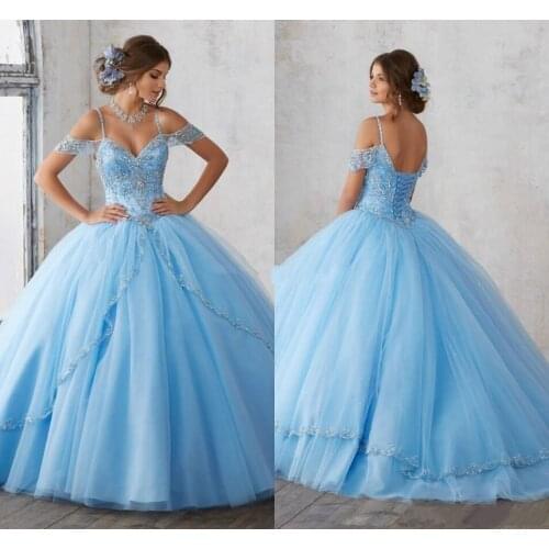 2021 Light Sky Blue Ball Gown Quinceanera Dresses Beads Spaghetti Sweet 16 Dress Lace Up Prom Party Dress Custom Made QC202101