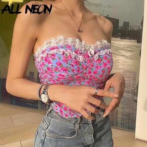 ALLNeon Y2K Vintage Lace Trim Strapless Floral Crop Tops 2000s Aesthetics Red Flowers Sleeveless Tank Tops Streetwear Cute Slim
