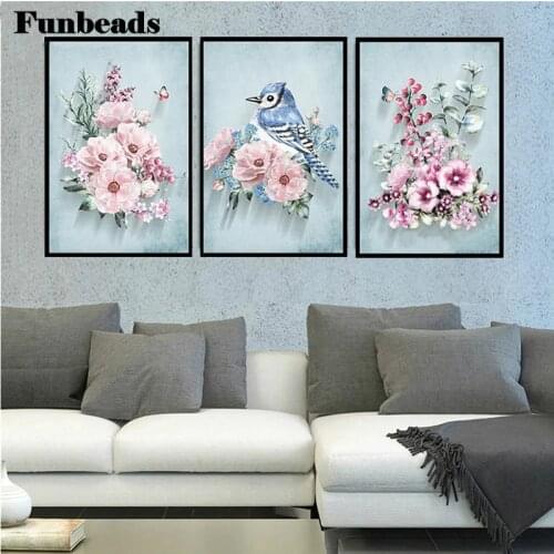 5D Diy Diamond Painting Triptych Wall Art Pink Flowers Blue Bird Cross Stitch Embroidery Full Square Round Drill Mosaic FF3829