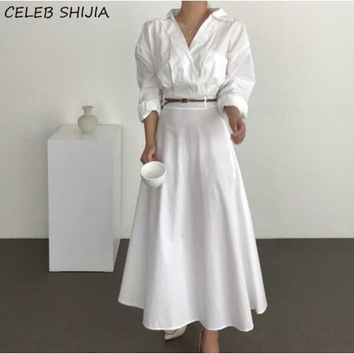 White Solid Woman Dresses V-neck Vintage Slim Tall Waist Vestidos Lady Elegant Chic OL Business Dress Female Clothing Spring New