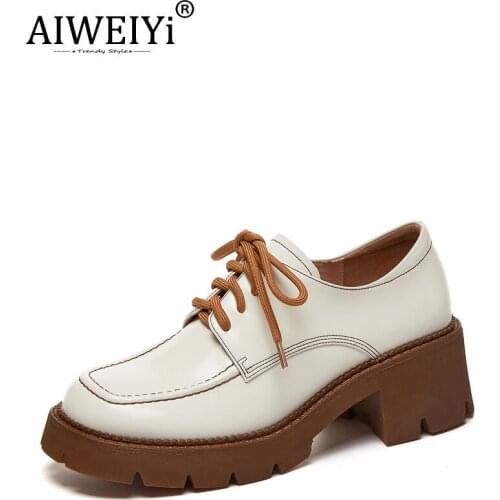 British Style Sheep Leather High Heels Shoes Female Spring College Style High Heeled Platform Pumps Lace Up Brogue Shoes