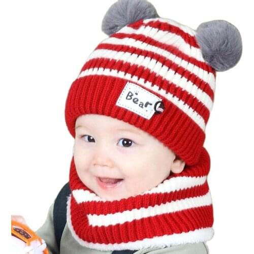 Doitbest 6 momths to 3 Y kids Beanie Striped hair bull kids boys Knitted fur hats winter 2 pcs baby wool boy girl scarf hat set