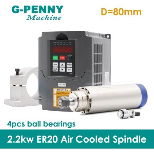 New Product! 220V 2.2KW ER20 CNC Air Cooled Spindle Motor 80mm Air Cooling 4Bearings & 2.2kw VFD inverter& 80mm aluminum bracket