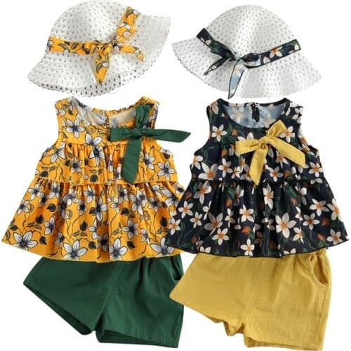FOCUSNORM Lovely Summer Baby Girls Clothes Sets 3PCS Flowers Printed Sleeveless Bow Tops Shorts Sun Hats 0-3Y