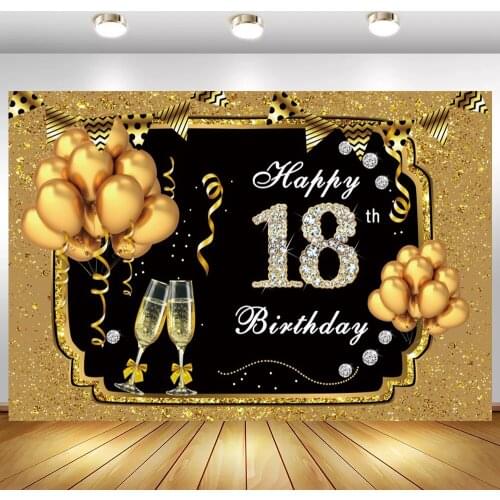 Happy 18 20 30 40 50th Birthday Backdrop Photography Golden Sequins Ribbons Balloon Dinner Table Decor Banner Photo Background