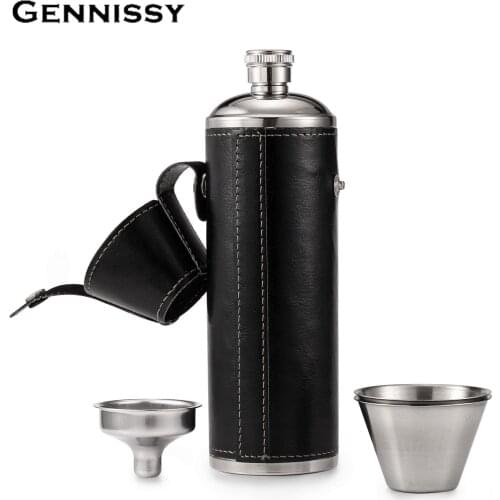 GENNISSY Pocket Hip Flask 8 OZ with Free Funnel + 2 Stainless Steel Cups with Leather Wrapped Cover and 100% Leak Proof Flasks
