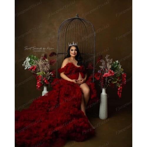 Custom Made Ruffles Red Tulle Maternity Dresses 2021 New Fashion Womens Pregnant Dress Sweep Train Formal Party Gowns
