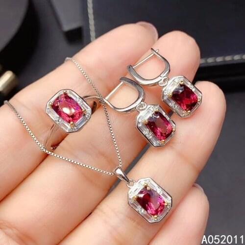 KJJEAXCMY fine jewelry natural garnet 925 sterling silver luxury new girl pendant ring earrings set support test hot selling